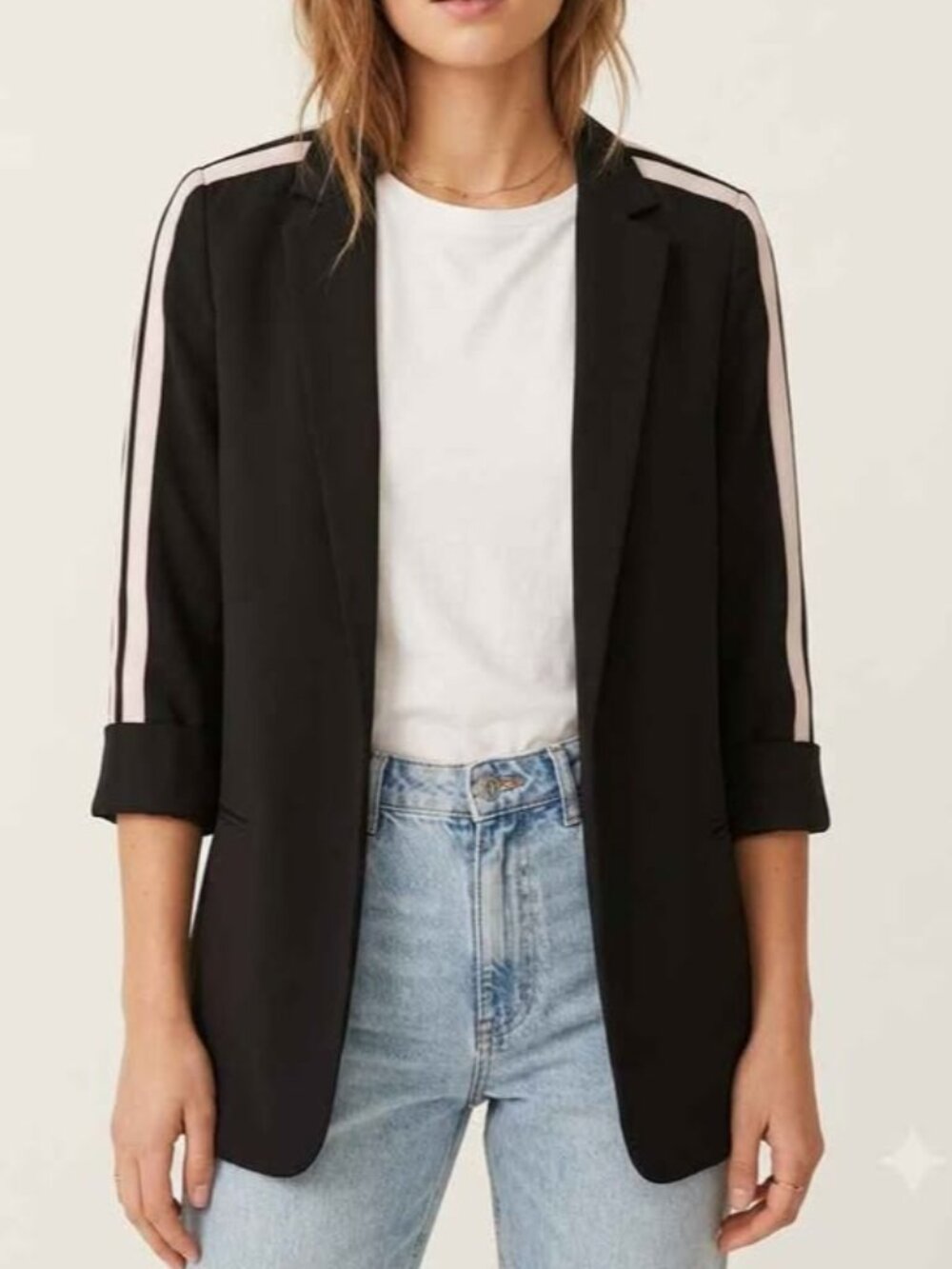 Bershka Black Side Stripe Chic Open Front Blazer Cuffed 3/4 Sleeve XS